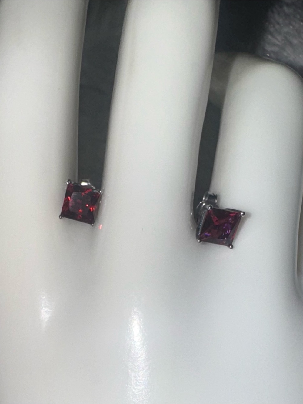 Vintage Sterling Silver Square Cut Garnet Stud Earrings, 6mm